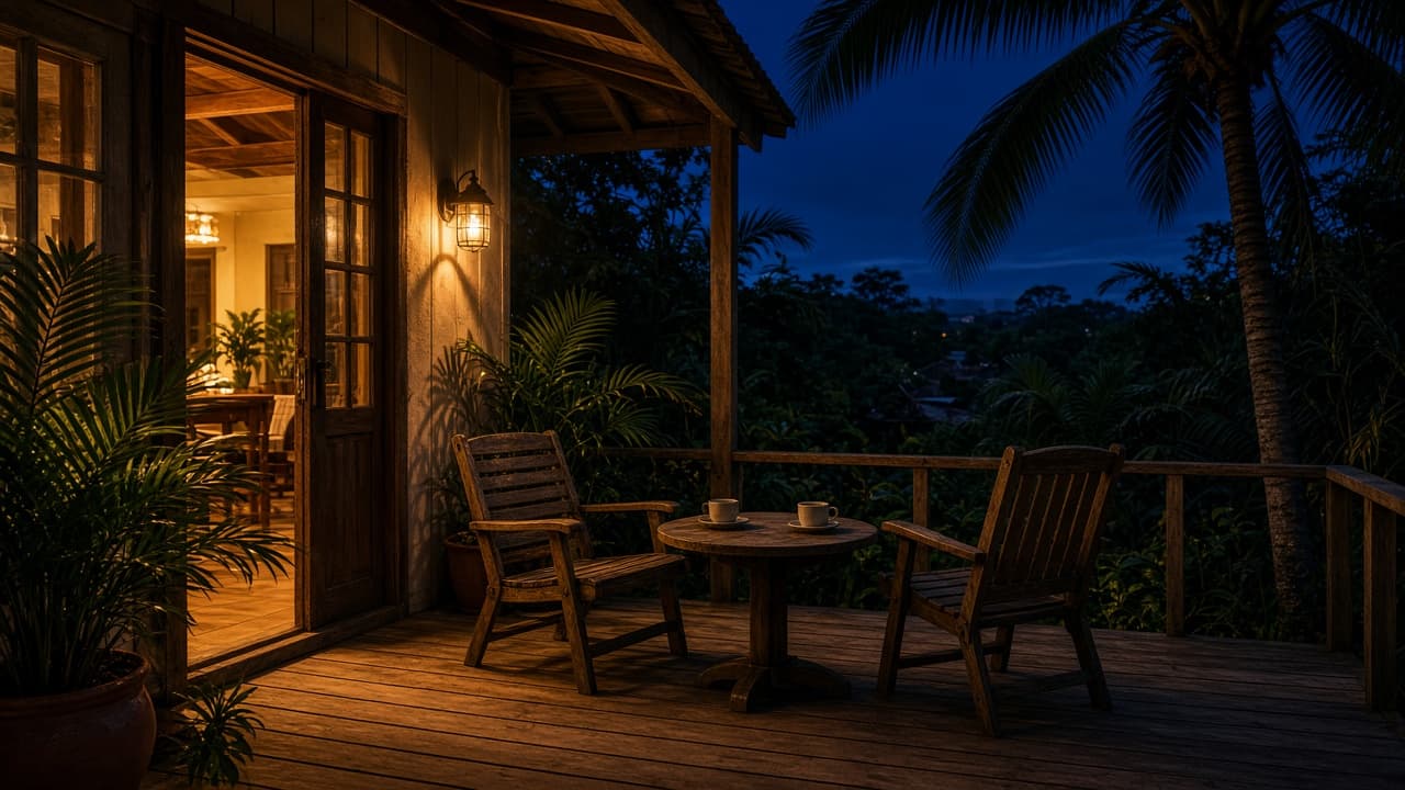 Veranda al anochecer con dos sillas, café y luz de una puerta abierta