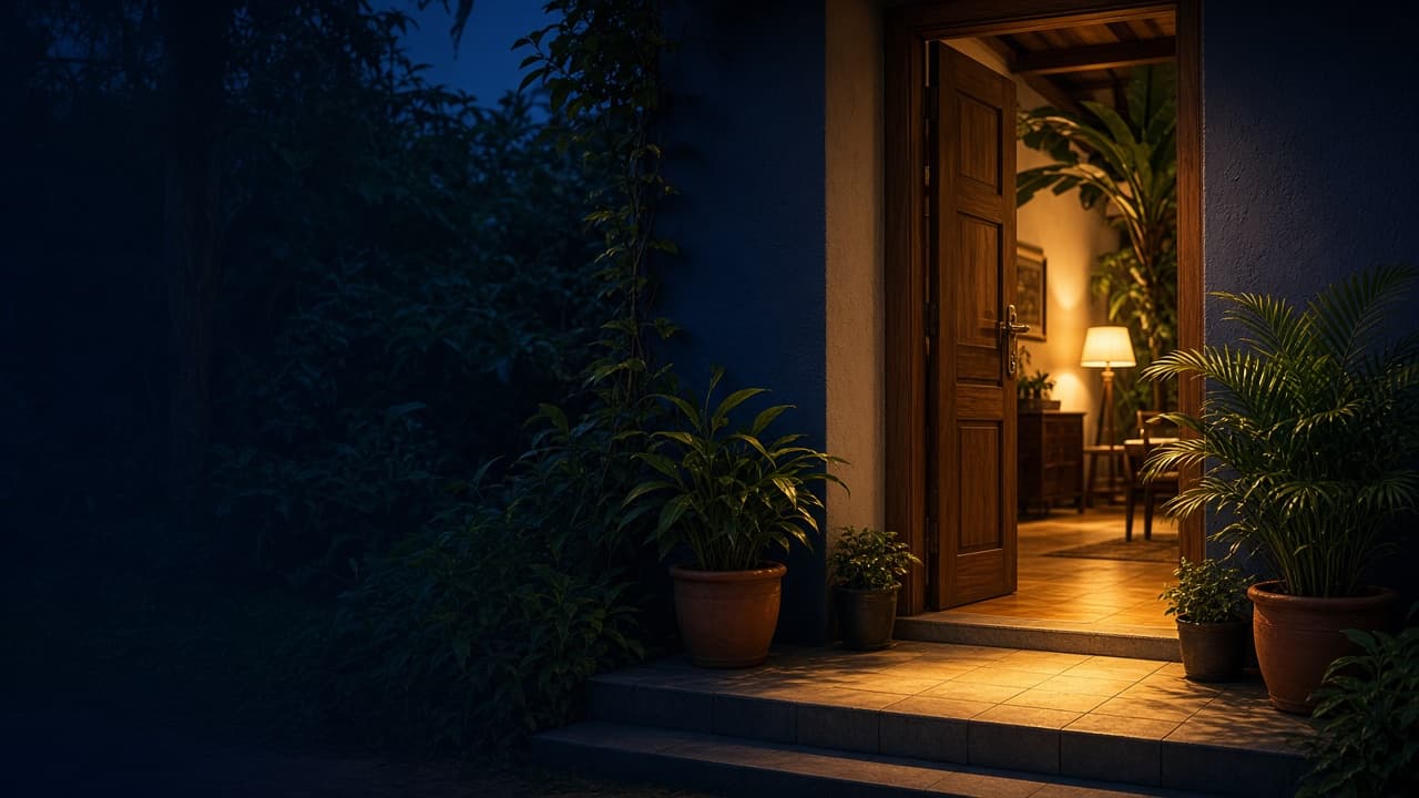 Puerta de entrada abierta con luz cálida y plantas tropicales
