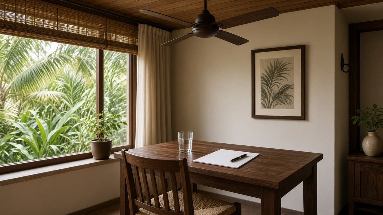 Escritorio tranquilo junto a una ventana, con un cuaderno en blanco