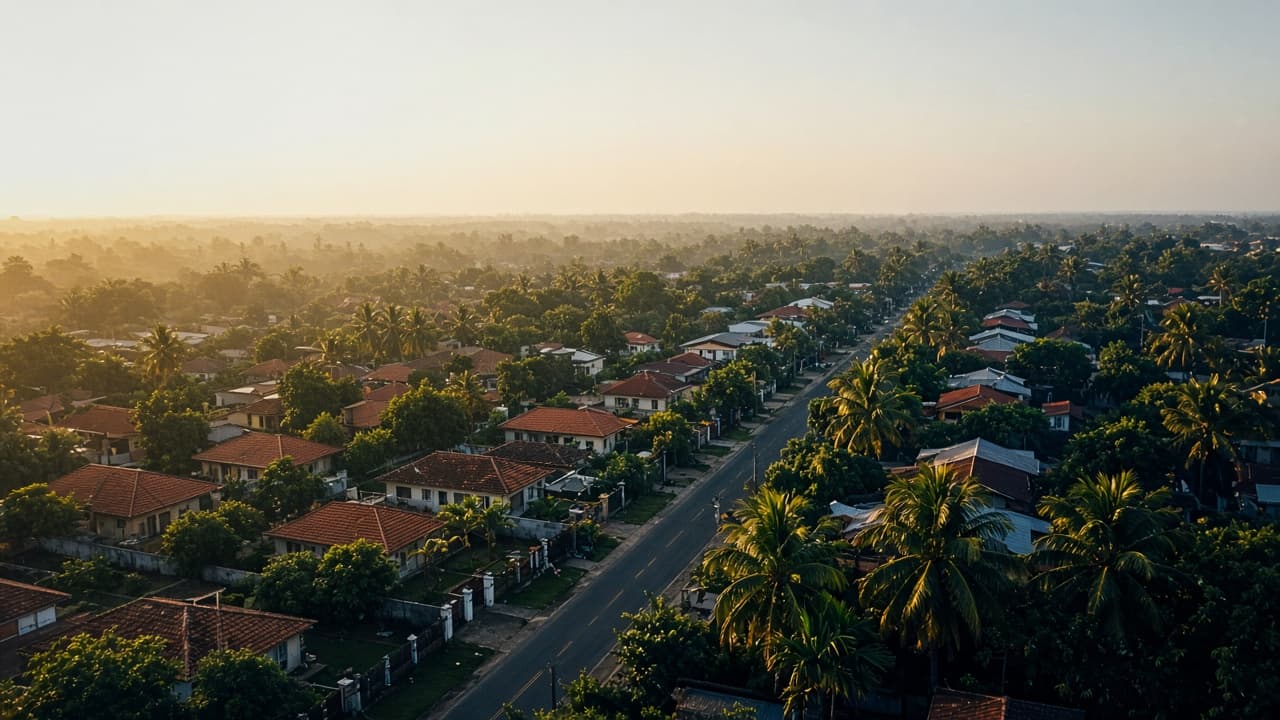 Aerial view of two leafy residential districts divided by a road