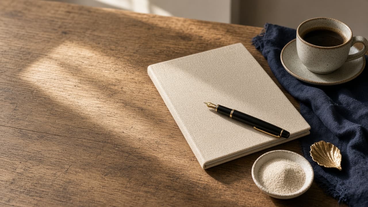 Cuaderno cerrado y bolígrafo sobre una mesa de madera