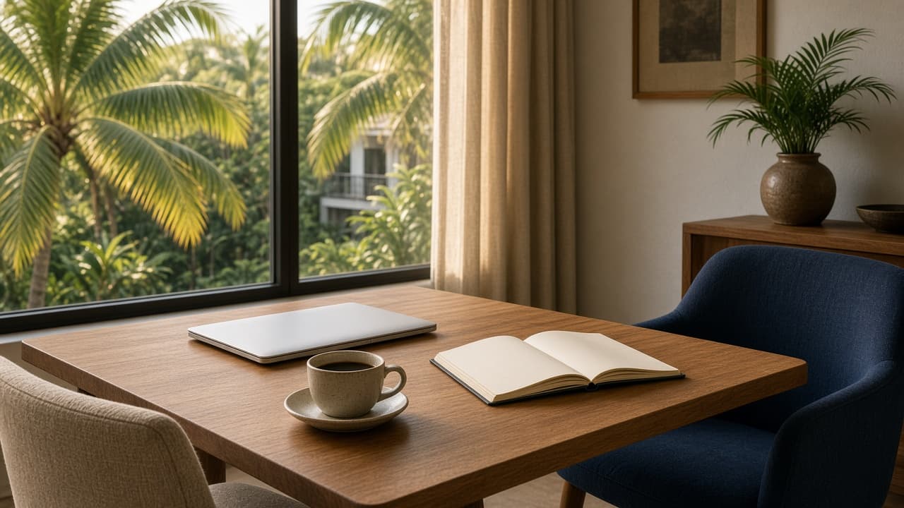 Werktafel in een gemeubileerd appartement, met laptop en palmen buiten