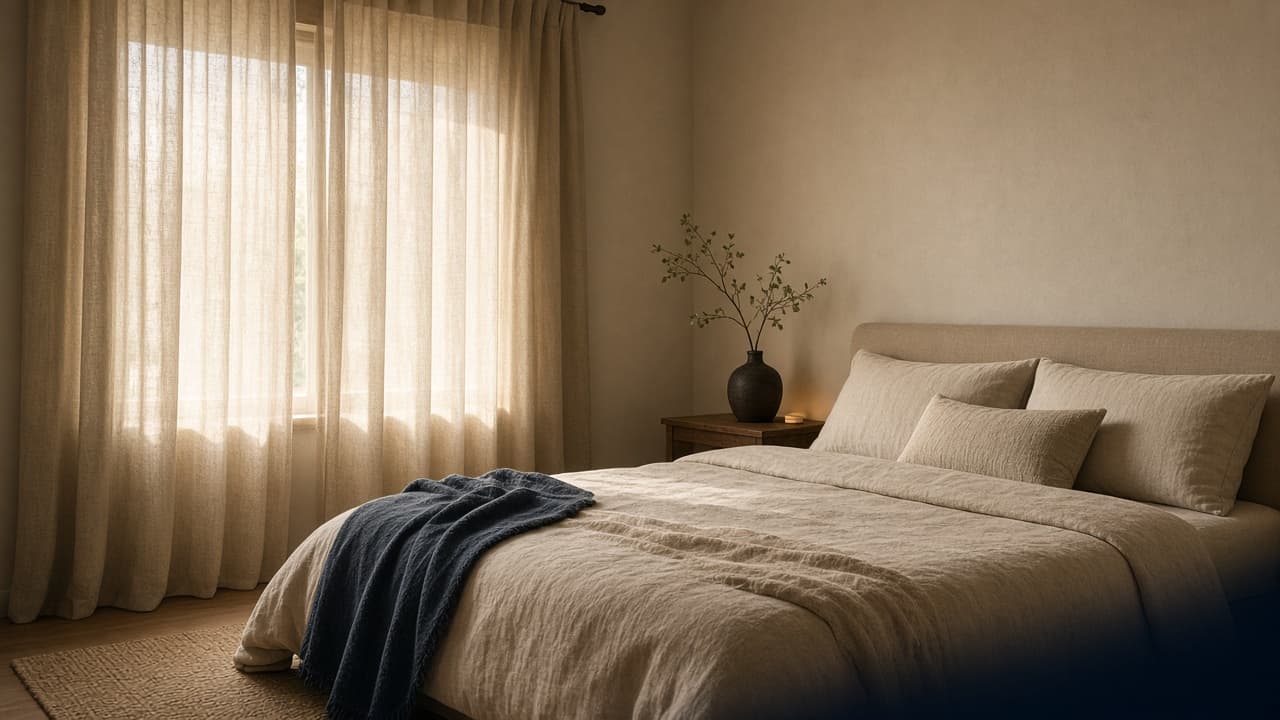Dormitorio con luz suave de la mañana detrás de cortinas de lino